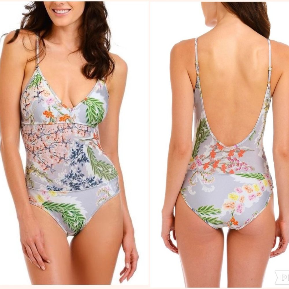 RACHEL Roy Floral Print Swimsuit Size Extra Small XS Mesh V Neck Bathing Suit